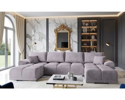 U-vormige Hoekbank met Slaapfunctie en Opbergruimte 365x189 cm – Luxe Fluwelen Slaapbank met Bedfunctie & Kussens – Comfortabele U-bank voor 4 Personen – Paars (MO-62) – Novihome