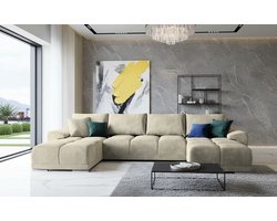U-vormige Hoekbank met Slaapfunctie en Opbergruimte – Luxe Fluwelen Slaapbank 365x189 cm – Comfortabele U-hoekbank met Bedfunctie en Kussens – Moderne Bank Crème – Novihome