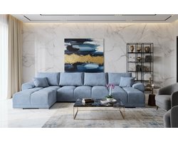 U-vormige Hoekbank met Slaapfunctie en Opbergruimte – Luxe Fluwelen Slaapbank met Bedfunctie en Kussens – Comfortabele Grote Hoekbank 365x189 cm – Uitklapbare Bank – Blauw – Novihome