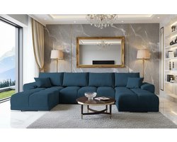 U-vormige Hoekbank met Slaapfunctie en Opbergruimte – Luxe Fluwelen Slaapbank met Bedfunctie en Kussens – Comfortabele Grote Hoekbank 365x189 cm – Uitklapbare Bank – Blauw (MO-76) – Novihome