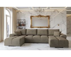 U-vormige Hoekbank met Slaapfunctie en Opbergruimte – Luxe Fluwelen Slaapbank met Bedfunctie en Kussens – Comfortabele Hoekbank 365x189 cm – Uitklapbare Bank met Bedlade – Beige – Novihome