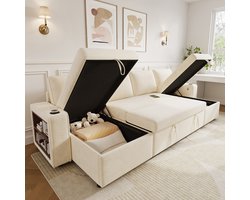U-vormige Hoekbank met Slaapfunctie, U-Bank, Moderne Hoekbank, 4-Zitsbank, Uitschuifbaar Slaapbank, Geïntegreerde Opbergruimte, Dubbele Chaise Longue met Verborgen Opbergruimte, Bekerhouder, USB-oplaadpoort en Armleuningplank- Beige