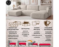 U-vormige slaapbank 357x175 cm bouclé beige met opbergruimte en bedlade – moderne grote hoekbank met slaapfunctie en teddy stof – luxe woonkamer bankstel Pierr | Mobili Bella