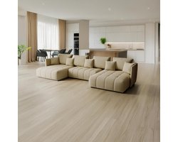 U-vormige slaapbank met opbergruimte en uittrekbare bedfunctie – Grote hoekbank 346 x 188 x 93 cm – Luxe velvet sofa met T30-schuim, bedlade en comfortabele chaise longue – Beige Monolith 04 – HomebyNicole