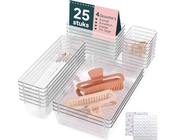 Uandu Lade organizer – 25-delige organizer bakjes set – Ladeverdeler voor Bureau, Keuken, Make-up of Badkamer - Anti slip - Transparant