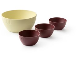 UBITE set – bio-based saladeschaal boter geel (XL - Ø 27) + set van 3 bio-based bowls burgundy rood (S - Ø 13) - saladeschaal/saladekom/kom/schaal/bakje/duurzaam