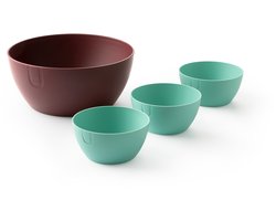 UBITE set – bio-based saladeschaal burgundy rood (XL - Ø 27) + set van 3 bio-based bowls aquamarine groen (S - Ø 13) - saladeschaal/saladekom/kom/schaal/bakje/duurzaam