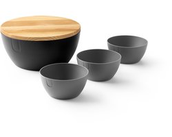 UBITE set – bio-based saladeschaal umber zwart (XL - Ø 27) inclusief deksel/snijplank + set van 3 bio-based bowls grafiet grijs (S - Ø 13) - saladeschaal/saladekom/kom/schaal/bakje/duurzaam