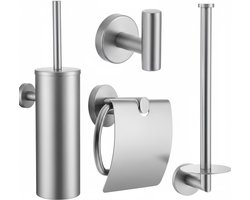 UDUTCH Luxe Toiletaccessoireset 4-delig - Geborsteld RVS Zilver - Inclusief Toiletborstel, Toiletrolhouder met klep, Reserverolhouder & Wandhaak - Badkamer Set