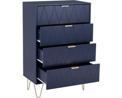 UEV 4-ladenkast, houten opbergkast, eenvoudige en elegante stijl, gouden handgreep en poten, 60 x 34 x 91 cm, dressoir voor slaapkamer, woonkamer, kantoor, marineblauw