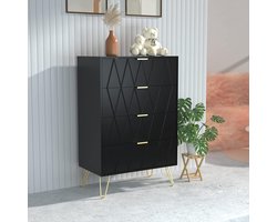 UEV 4-ladenkast, houten opbergkast, eenvoudige en elegante stijl, gouden handgreep en poten, 60 x 34 x 91 cm, dressoir voor slaapkamer, woonkamer, kantoor, Zwart