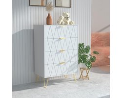 UEV 4-ladenkast, houten opbergkast, eenvoudige en elegante stijl, gouden handgreep en poten, 60 x 34 x 91 cm, dressoir voor slaapkamer, woonkamer, kantoor, Wit