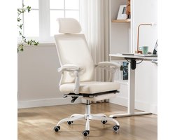 UEV Ergonomische bureaustoel, bureaustoel met wielen en armleuningen, verstelbare hoogte en hoofdsteun, voetensteun, draagvermogen 136 kg, gemaakt van ademend gaas, beige