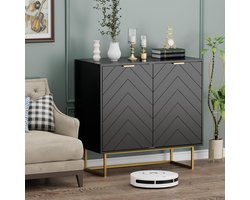 UEV Laag dressoir met 2 deuren, opbergkast met in 3 standen verstelbare plank, draagvermogen 65 kg, gouden metalen handgreep en poten, voor woonkamer, slaapkamer, studio, 80 x 40 x 77,5 cm (Zwart)