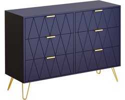 UEV Ladekast, kledingkast met 6 lades, opbergmeubel voor kinder-/volwassenenkamers, 100 x 34 x 73 cm, dressoir voor in de woonkamer, elegante Scandinavische stijl, Marineblauw