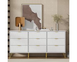 UEV ladekast met 9 laden, 150 cm, opbergmeubel voor in de slaapkamer, lijnenpatroon, Scandinavische stijl, goudkleurige handgrepen en poten, voor woonkamer, slaapkamer, kantoor, 150 x 34 x 74 cm, wit