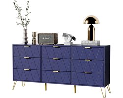 UEV ladekast met 9 laden, 150 cm, opbergmeubel voor in de slaapkamer, lijnenpatroon, Scandinavische stijl, goudkleurige handgrepen en poten, voor woonkamer, slaapkamer, kantoor, 150 x 34 x 74 cm, Marineblauw