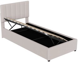 UFTA Eenpersoonsbed - Hydraulisch Jeugdbed - Kinderbed met Opbergruimte - 90x200 cm - Linnen Gestoffeerd Bekleding - Beige