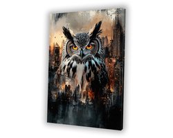 Uil in stedelijke skyline - Uil schilderij - Wandkunst stad - Surrealistisch - Binnenhuisdecoratie - Kunst aan de muur - Canvas 75x100 cm