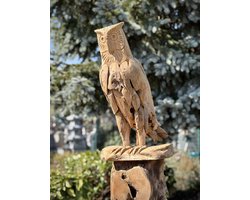 Uil Jono op stam 65 cm hoog - tropische houtsoort gedroogd - hout - decoratiefiguur - handgemaakt - dierenbeeld - interieur - accessoire - voor binnen - voor buiten - cadeau - geschenk - tuinfiguur - tuinbeeld