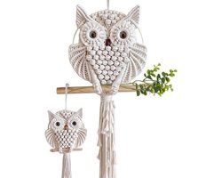 Uil macramé wandbehang ornamenten - 2 stuks - boho wanddecoratie - handgemaakt - katoenen touw - geweven wandtapijt - met houten stok - uil dromenvanger - wandtapijt - voor woondecoratie