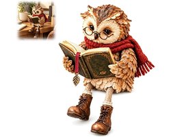 Uilenbeeldje met Bungelende Benen - 14*13.5*19cm - Vintage Uil Decoratie - Boekenliefhebber Ornament - Plankzitter Figuur - Rustieke Woondecoratie - Schattige Uil met Sjaal en Boek - Tafeldecoratie voor Woonkamer Kantoor Bibliotheek