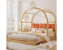 Uitbreidbaar gewolft dakkamerbed - 140x100 cm & 140x200 cm - uitritfunctie - sparrenhouten frame - fluwelen kussens in natuur en oranje