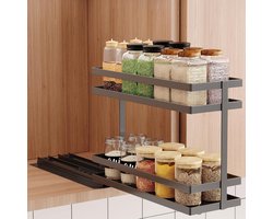 Uitbreidbaar Kruidenniveau, 2-Laags Kruidrek van Duurzaam Metaal, Staande Organizer voor Kruidenscharen en Keukenaccessoires (1 Pack, Zwart)