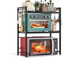 Uitbreidbaar magnetronrek, 3 niveaus, rek voor magnetron, magnetronstandaard voor werkblad, keukenrek, staand voor oven/koffiezetapparaat, stabiele magnetronstandaard met 8 haken, zwart