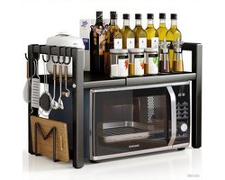 Uitbreidbaar magnetronrek (zwart) met 6 haken Magnetronrek - keuken opslag organizer 2-laags keukenrek Staand Flexibel Uitschuifbaar van 40-60 cm voor werkblad Magnetronrek Keukenrek