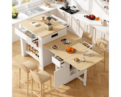 Uitbreidbare balktafel met opslagruimte (110-124 × 78 × 97,5 cm), voor 2-6 personen, keukeneilanden met 2 laden, 2 open planken en ingebouwde socket, tafelblad gemaakt van wit gemarmerde MDF, wit, wit