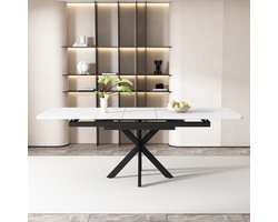 Uitbreidbare eettafel, automatisch uitschuifbare eettafel, rechthoekige eettafel, salontafel, L150/180 x B70 x H76cm, ontwerp met gekruiste poten, marmeren textuur, zwart en wit