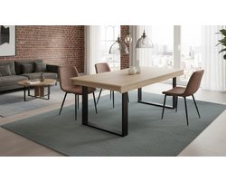 Uitbreidbare Industriële Eettafel – Hout en Zwarte Metalen Poten – Verlengbaar van 160 tot 200 cm – Grote Capaciteit voor 6 tot 8 Personen – Robuust, Modern Design voor Eetkamer en Keuken Depauwwonen