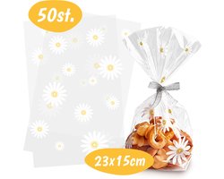 Uitdeelzakjes - Madelief - 50 stuks - Blokbodemzakjes - Cellofaanzakjes - Traktatie Zakjes - Snoepzakjes - Transparant - Plastic - Doorzichtig