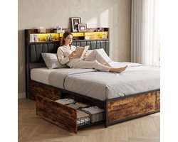 Uitgebreid grote tafelbed met huidkleur, 180x200 cm, industriële metalen houten frame, retro PU-leer met RGB LED-koppen, USB-C opladen, 4 netvormige laden