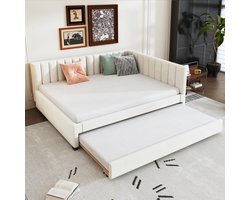 Uitklapbaar bed met fluwelen bekleding, gastenbed met uitschuifbaar frame, kinderbed voor woonkamer of slaapkamer, zonder matras, beige