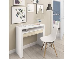 Uitklapbaar Bureau met 2 Laden - Compact PC Bureau/Console Tafel - Wit en Eiken