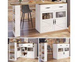 Uitklapbare Bartafel – Bar Tafel – Statafel – Keukeneiland – Bistrotafel – Uitbreidbaar – 360° Draaibaar Tafelblad – Wit Met Houtlook – Ruimtebesparend Met Opbergruimte