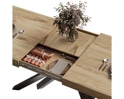 Uitklapbare Eettafel – Uitschuifbare Tafel – Opklapbare Eettafel – Verlengbare Keukentafel – Industriële Eettafel – Geel Industrieel Design – 120-150 cm Met Metaal X-Poot