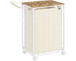 Uitneembare wasmand voor wasruimte - Wasmand met wielen en waszak - 46 x 33 x 65 cm 90 liter - Naturel Beige-Crème Wit
