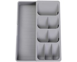 Uitschuifbaar Bestekbak met 9 Vakken - Besteklade Organizer - Keukenlade Bestek Organiser - Bestekhouder Keuken - 57 x 38 cm - Kunststof / Grijs - voor lepels, vorken, messen