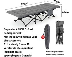 Uitschuifbaar Campingbed 190x70x40 cm | Klapbed tot 150 kg | Met Geïntegreerd Matras & Zijzakken | Stabiel Veldbed met Draagtas | Logeerbed