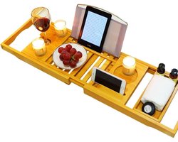 Uitschuifbaar houten dienblad badrek | Verstelbaar badblad, badkuiprek, antislip, badrek, premium badrek, badplank, badrek.