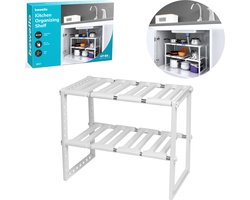 Uitschuifbaar Kast Organizer Rek - Verstelbare Keukenkast Plank - Onder Wasbak Organizer - Badkamer En Keuken Opbergrek - Verstelbare Breedte 47-65 cm - Wit