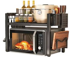 Uitschuifbaar Magnetron Rek – Koolstofstaal Keuken Organizer – Enkele Laag Opbergrek – Zwart