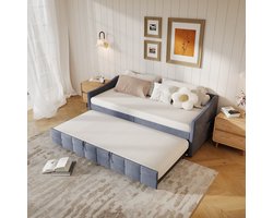 Uitschuifbaar slaapbank 90x200cm, slaapbank, gestoffeerd uitschuifbed, logeerbed, fluwelen stoffen bed, uitschuifbaar tot 2 eenpersoonsbedden, slaapbank voor volwassenen 2 personen, zonder matras (grijs) - Verdeeld in 2 pakketten voor verzending