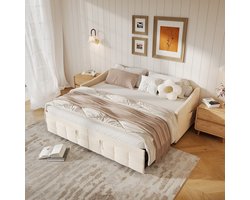 Uitschuifbaar slaapbank 90x200cm, slaapbank, gestoffeerd uitschuifbed, logeerbed, fluwelen stoffen bed, uitschuifbaar tot 2 eenpersoonsbedden, slaapbank voor volwassenen 2 personen, zonder matras (beige) - Verdeeld in 2 pakketten voor verzending