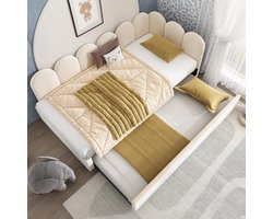 Uitschuifbaar Slaapbank Bed 90x200 cm met Logeerbed 90x190 cm – Gestoffeerd Fluwelen Jeugdbed met Metalen Lattenbodem en Wieltjes – Ruimtebesparend Dagbed met Hoofdeinde – Roze – Furnitureland