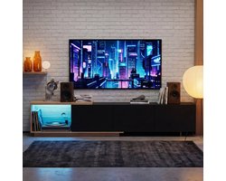 Uitschuifbaar TV Meubel 163-240 cm - ADFBL - Zwart & Hout - Modern Lowboard met 3 Push-to-Open Lades - Inclusief Sensor LED Verlichting - Voor TV's tot 80 Inch