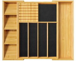 Uitschuifbare Bamboe Bestekbak 32–53 cm - 43 cm diep - Met Messenhouder, Extra Inlay en Antislip Bodem
